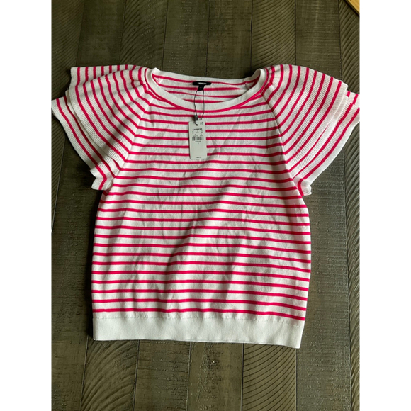 Express White & Hot Pink Striped Flutter Sleeve Knit Top Size - Picture 2 of 6